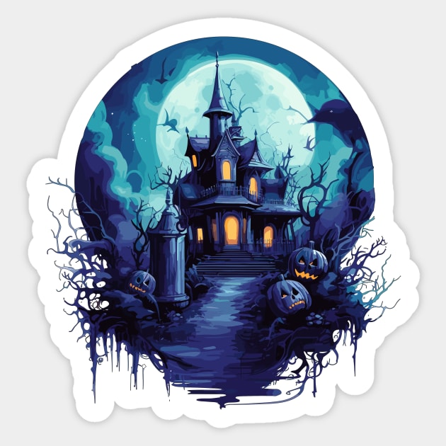Halloween Haunted Mansion in Blue Sticker by Tees 4 Thee